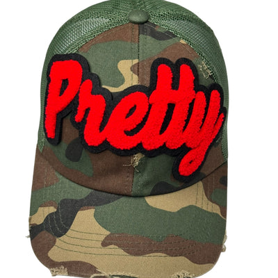 Pretty Distressed Trucker Hat With Mesh Back (Camouflage/Red)