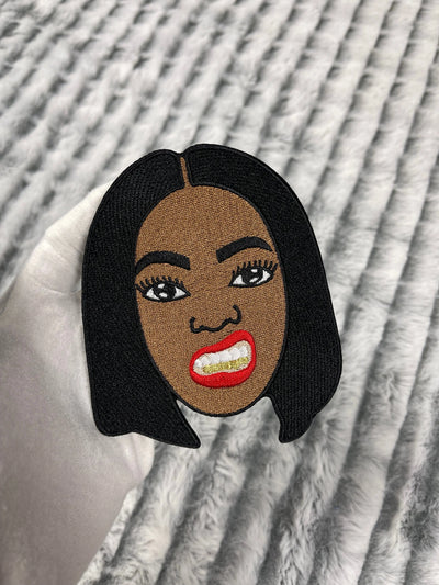 4 3/4” Afrocentric Girl with Gold Teeth Patch, Embroidered Iron on Patch Reanna’s Closet 2®