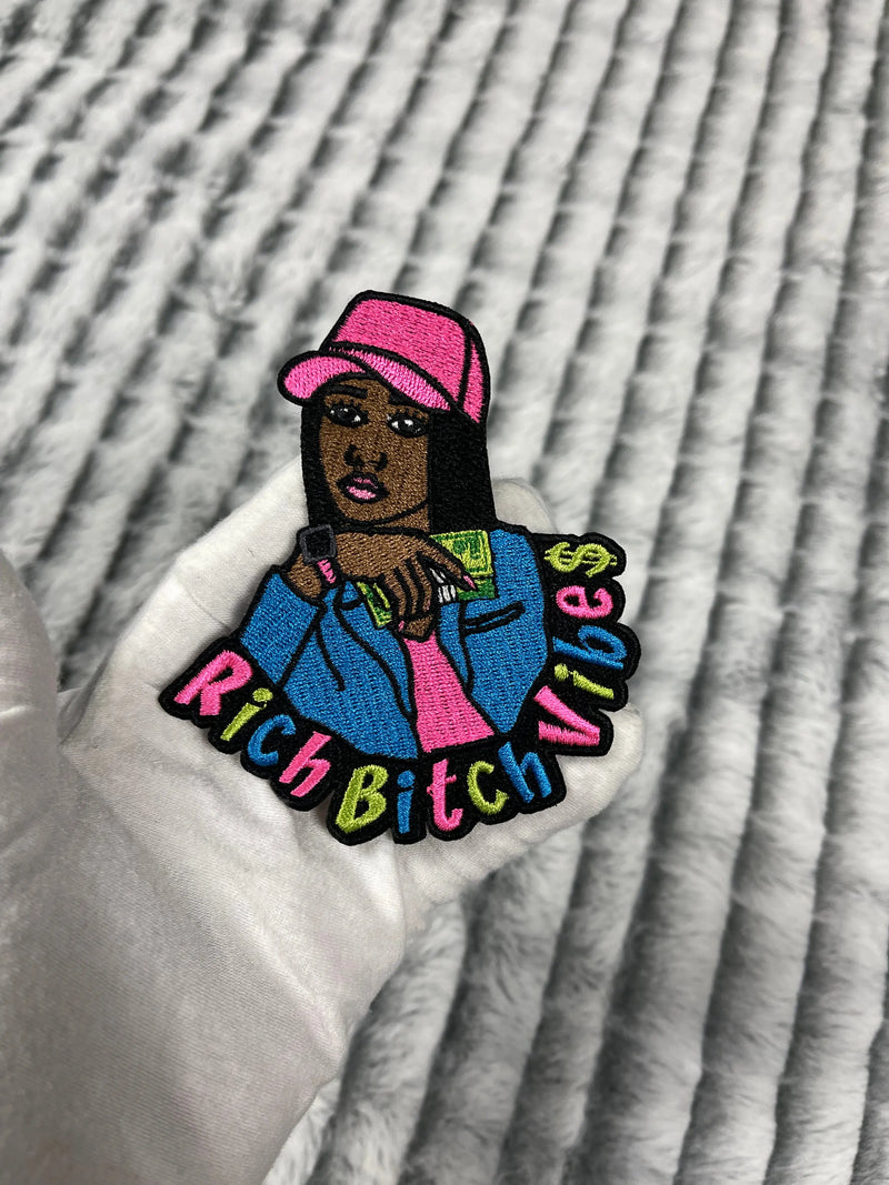 4” Afrocentric Woman, Rich Bitch Vibes Patch, Embroidered Iron on Patch Reanna’s Closet 2®
