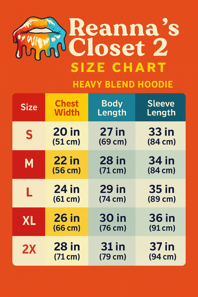 Size chart for Reanna's Closet 2 Heavy Blend Hoodie on an orange background