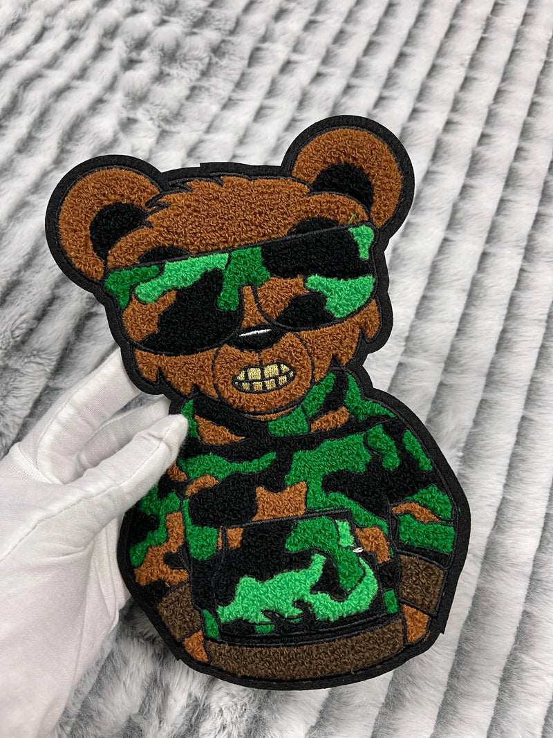 9” Chenille Camo Bear with Gold Teeth Patch, Sew on Patch Reanna’s Closet 2®