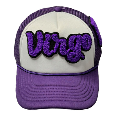 A purple and white Virgo Foam Trucker Hat with a slightly curved visor, designed with a structured firm front panel.