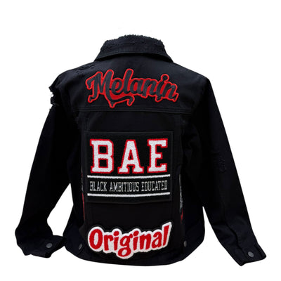 Black jacket with red and white text on a white background