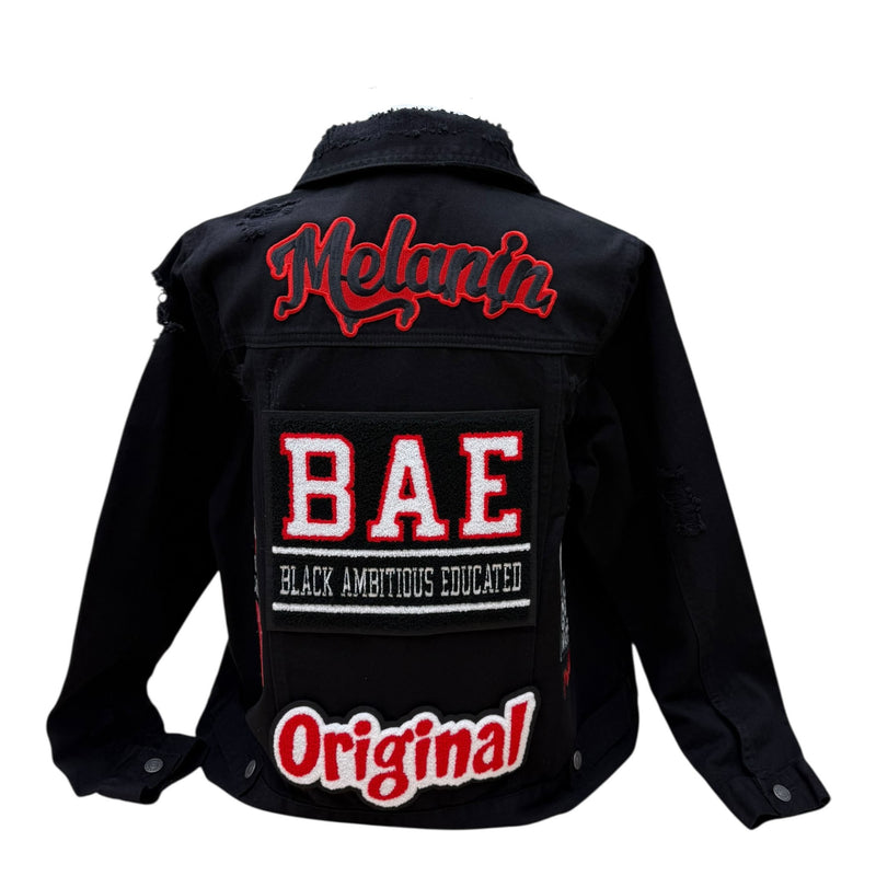 Black jacket with red and white text on a white background