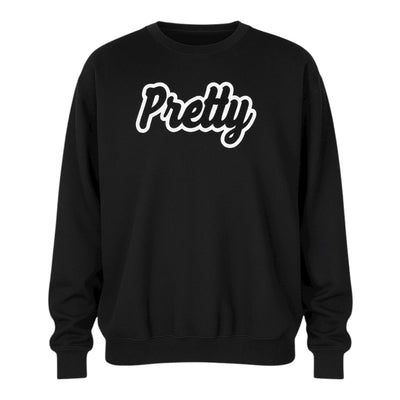 Black sweatshirt with 'Pretty' text on a white background