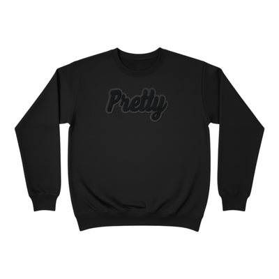 Black sweatshirt with 'Pretty' text on a white background
