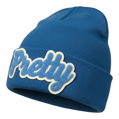 Blue beanie with 'Pretty' text on a white background