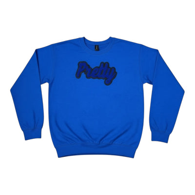 Blue sweatshirt with 'Pretty' text on a white background