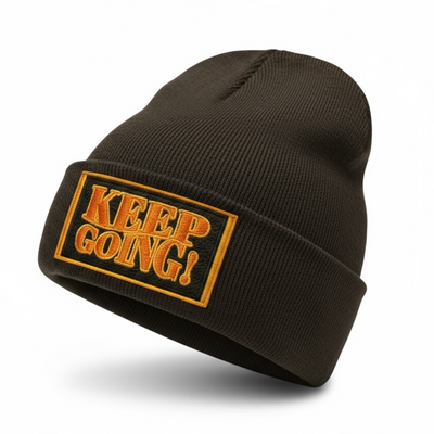 Brown beanie with 'KEEP GOING!' patch on a white background