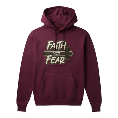 Maroon hoodie with 'Faith Over Fear' text on a white background