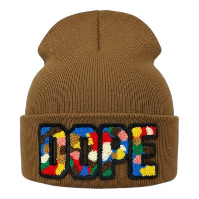 Brown beanie with colorful 'DOPE' text on a white background