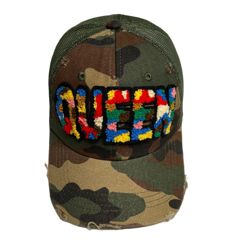 Camo Queen Hat, Camouflage Print Distressed Trucker Hat with Mesh Back - Reanna’s Closet 2