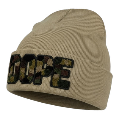 Beige beanie with 'DOPE' in camouflage letters on a white background