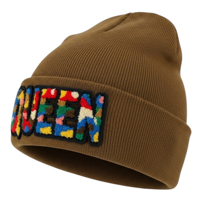 Brown beanie with colorful 'QUEEN' patch on a white background