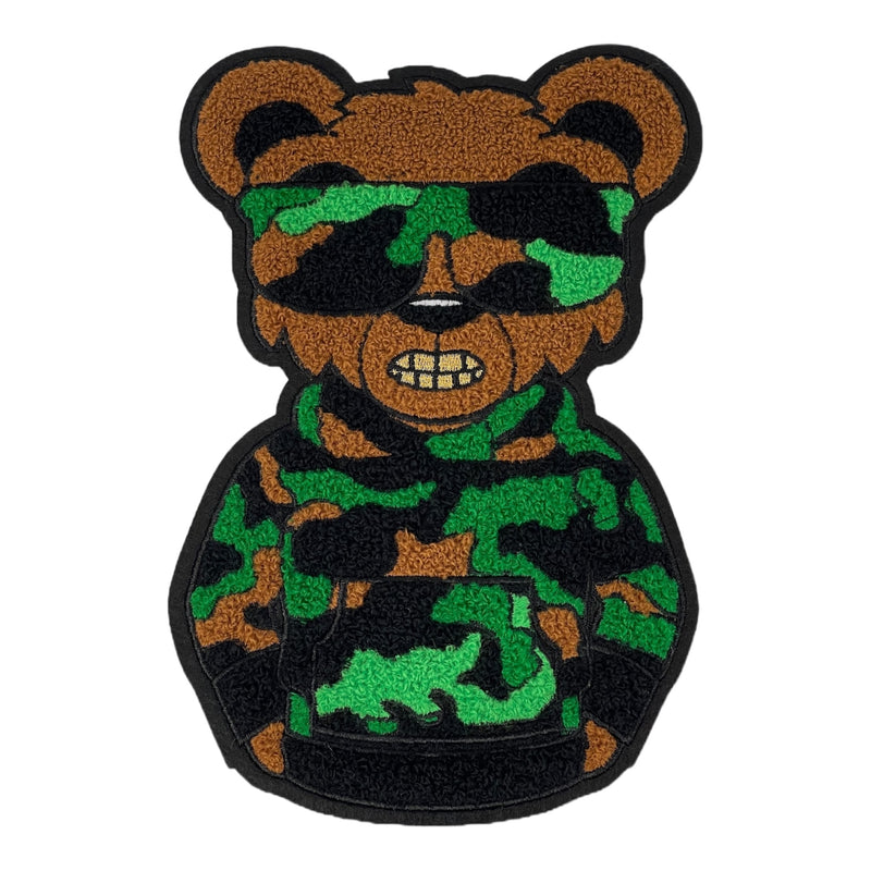 Chenille Camo Bear With Gold Teeth Patch 9 Inch Size