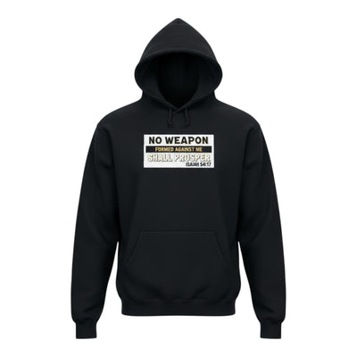 Black hoodie with a white graphic on a white background