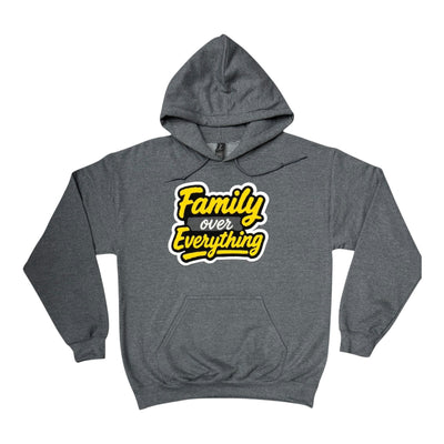Gray hoodie with yellow text 'Family over Everything' on a white background