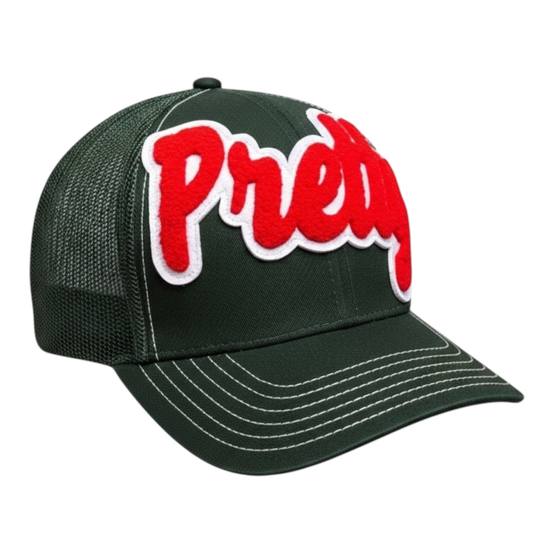 Green cap with red and white text on a white background