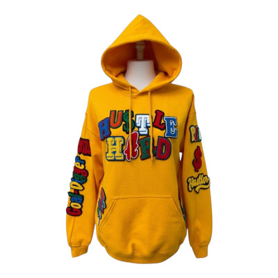 Yellow hoodie with colorful text on a white background