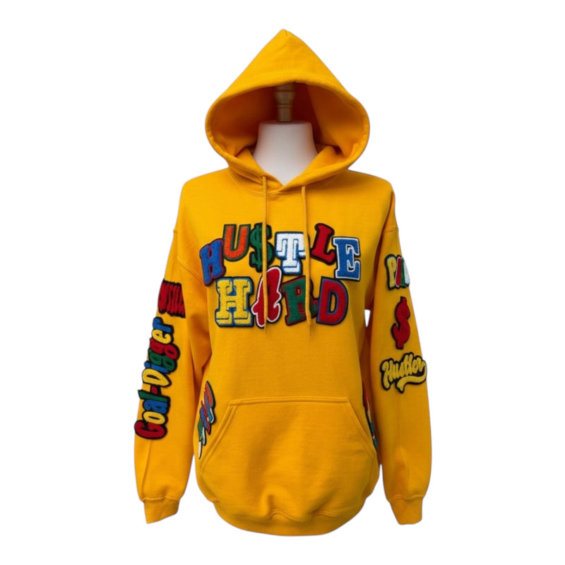 Yellow hoodie with colorful text on a white background