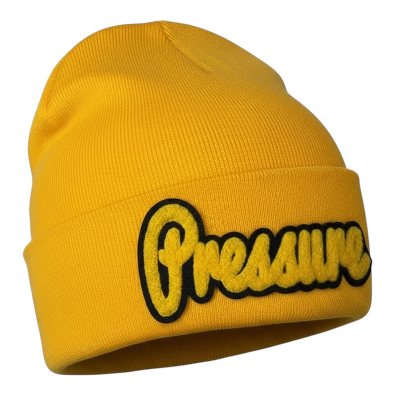 Gold Pressure beanie on white background 