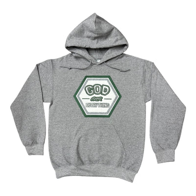 Gray hoodie with 'God Over Everything' text on a white background