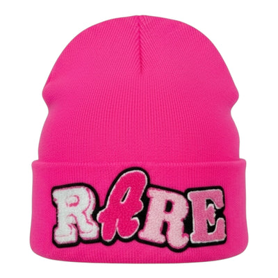 Pink beanie with 'RARE' text on a white background