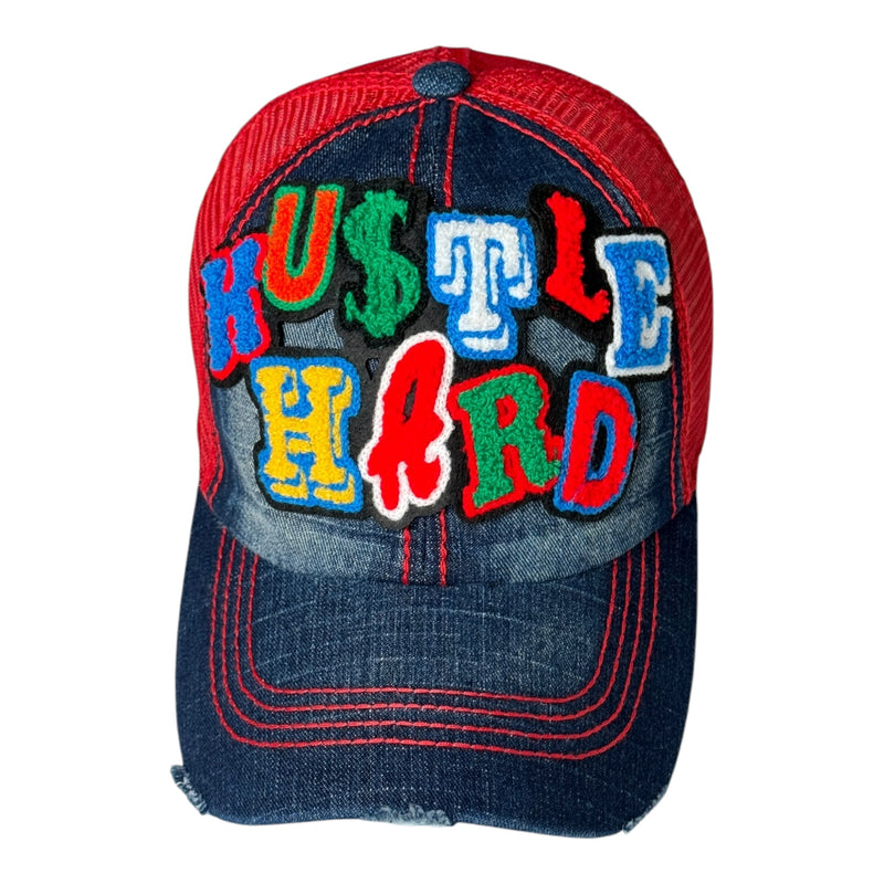 Hustle Hard Denim Trucker Hat/Red