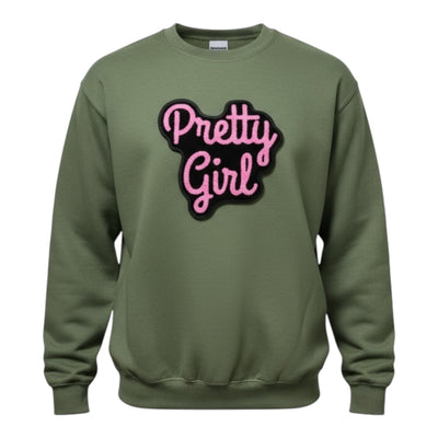 Green sweatshirt with 'Pretty Girl' text in pink on a white background
