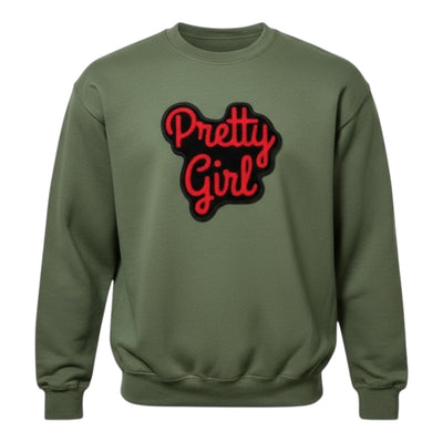 Green sweatshirt with 'Pretty Girl' text in red and black on a white background