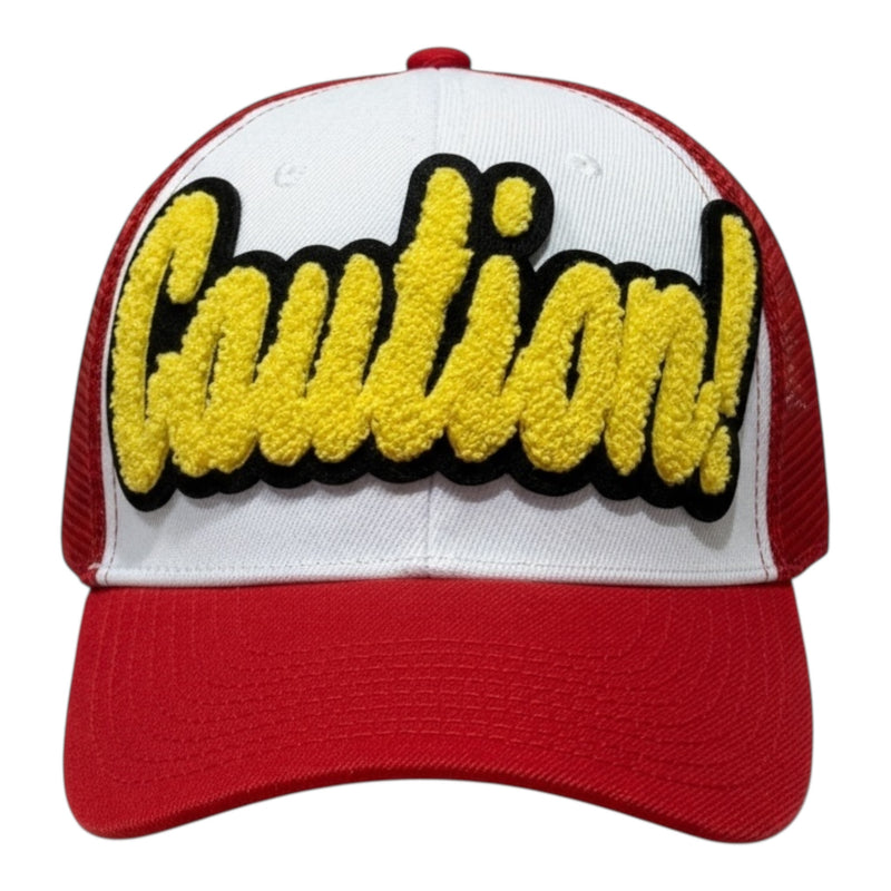 Caution Trucker Hat Gold Red White Adjustable Snapback Style