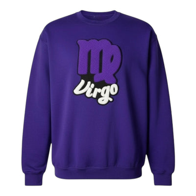 Purple sweatshirt with 'Virgo' and astrological symbol on a white background