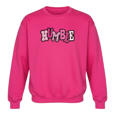 Pink sweatshirt with 'HUMBLE' text on a white background