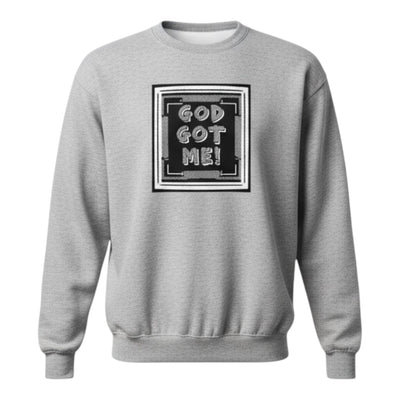 Gray sweatshirt with 'GOD GOT ME!' text on a white background