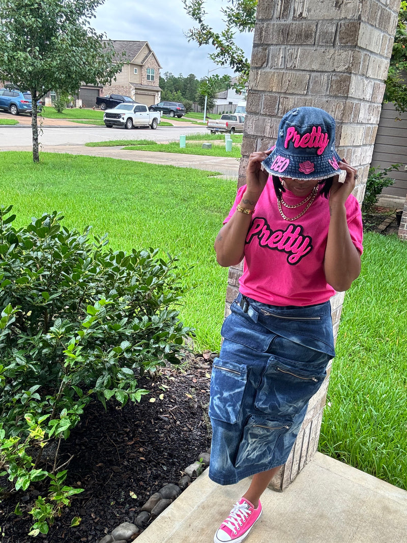 Remixed Distressed Denim Pretty Bucket Hat (Hot Pink)