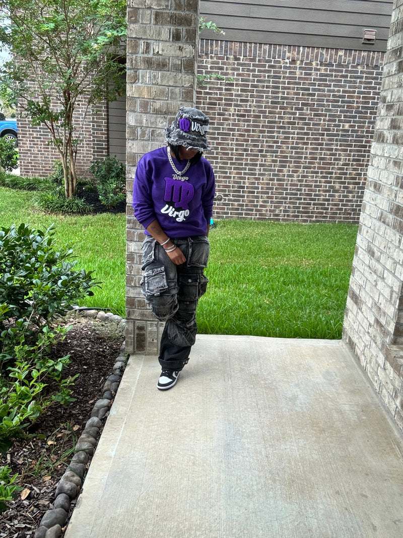 Distressed Denim Virgo/Virgoat Bucket Hat (Acid Wash Black/Purple)