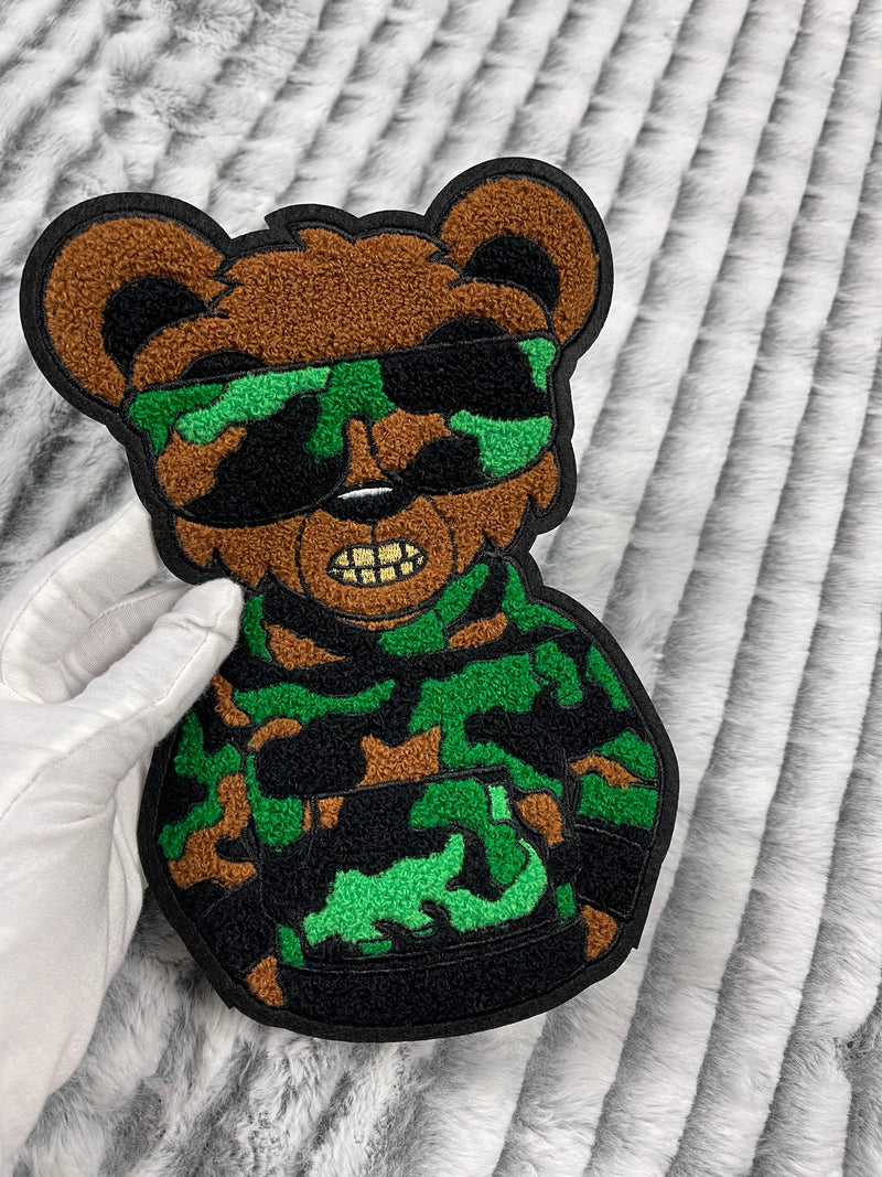 9” Chenille Camo Bear with Gold Teeth Patch, Sew on Patch