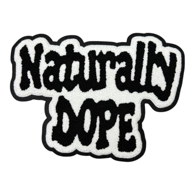 Black and white patch with 'Naturally Dope' text on a white background