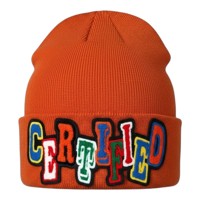 Orange beanie with colorful 'CERTIFIED' text on a white background