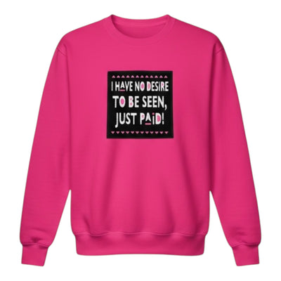 Pink sweatshirt with a black text graphic on a white background