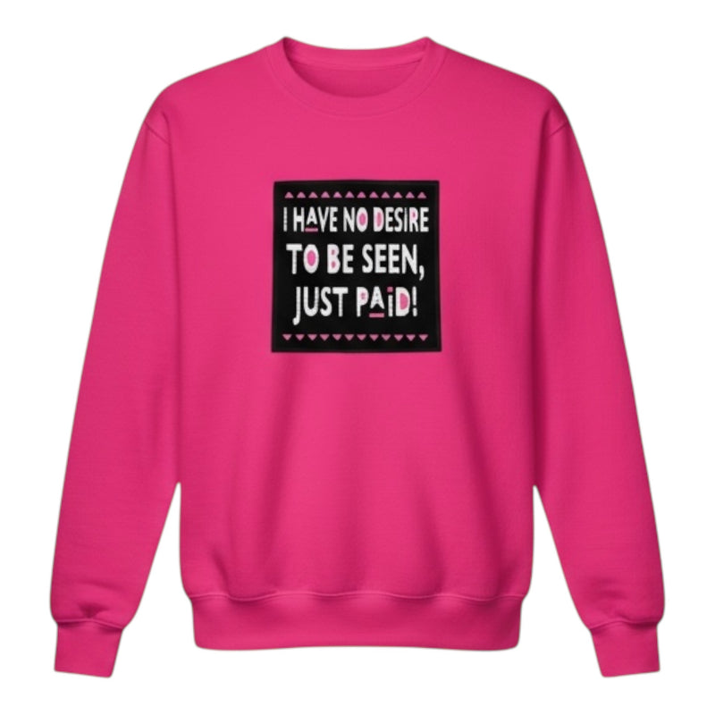 Pink sweatshirt with a black text graphic on a white background