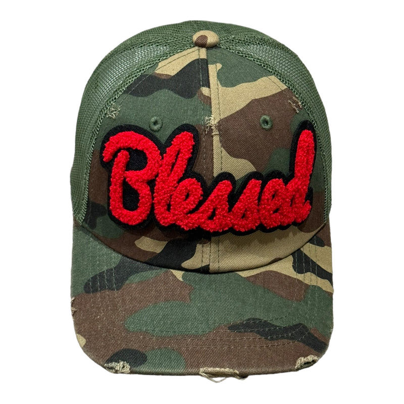 Blessed Hat, Camouflage Print Distressed Trucker Hat with Mesh Back (Red)