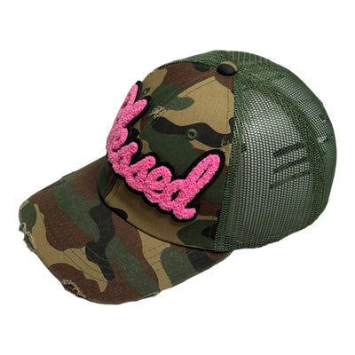 Blessed Hat, Camouflage Print Distressed Trucker Hat with Mesh Back