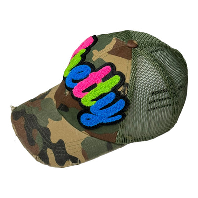 Pretty Hat, Camouflage Print Distressed Trucker Hat with Mesh Back (Neon)