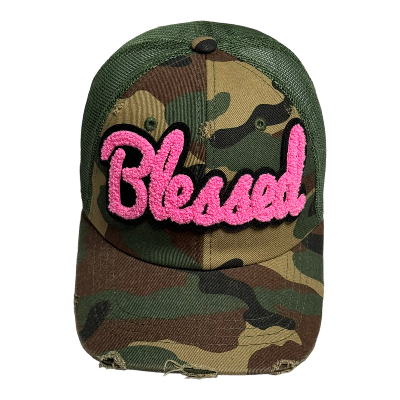 Blessed Hat, Camouflage Print Distressed Trucker Hat with Mesh Back