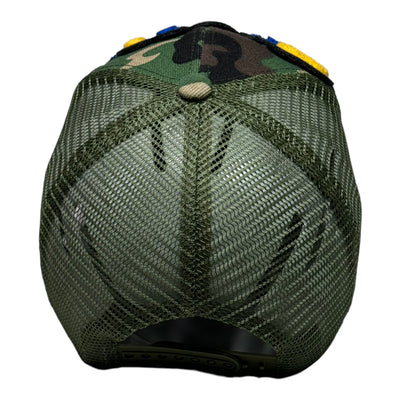 Pretty Hat, Camouflage Print Trucker Hat with Mesh Back (Gold/Royal Blue)