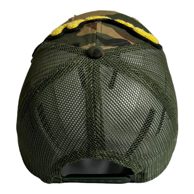 Pretty Hat, Camouflage Print Distressed Trucker Hat with Mesh Back (Yellow)