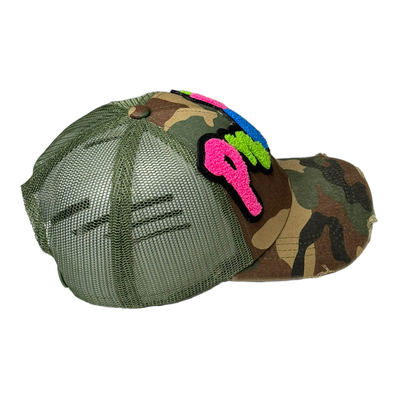 Pretty Hat, Camouflage Print Distressed Trucker Hat with Mesh Back (Neon)
