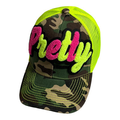 Pretty Hat, Camouflage Print Trucker Hat with Mesh Back (Neon Yellow/Pink)