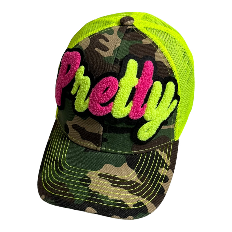 Pretty Hat, Camouflage Print Trucker Hat with Mesh Back (Neon Yellow/Pink)
